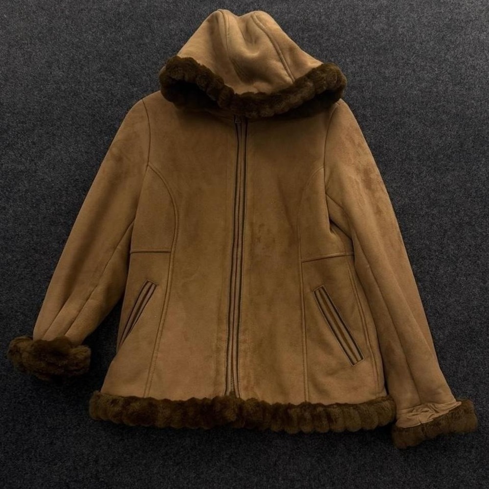 Croft And Barrow Faux Shearling Hooded Coat Women's Small Brown Boho Y2K